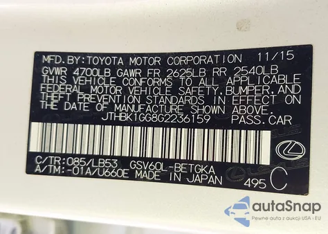 2016 Lexus Es 350 z USA, uszkodzony, nr VIN JTHBK1GG8G2236159